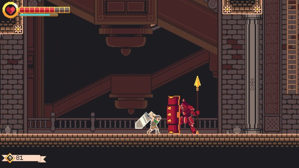 GigaSword Review - Ezra charging up the GigaSword to swing at an enemy solder holding a spear and shield