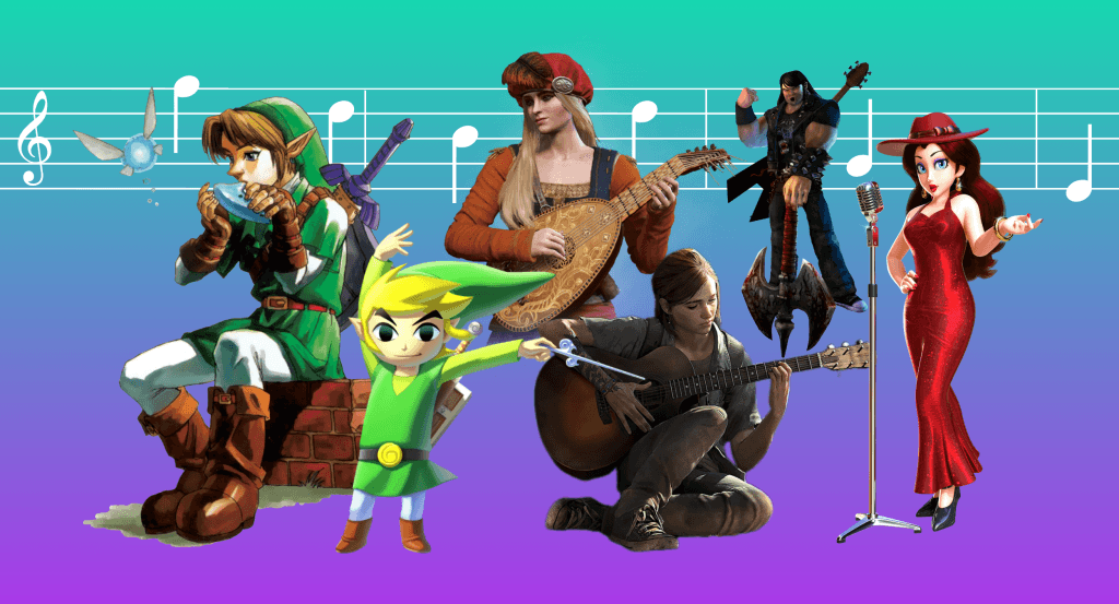 A photo of some of the greatest video game characters who are also musicians, including Link from Ocarina of Time, Toon Link from The Wind Waker, Priscilla from The Witcher 3, Ellie from The Last of Us Part II, Eddie Riggs from Brutal Legend, and Mayor Pauline from Super Mario Odyssey