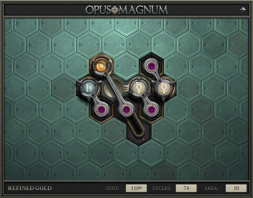 A gif of a mechanism to create gold in Opus Magnum puzzle video game 