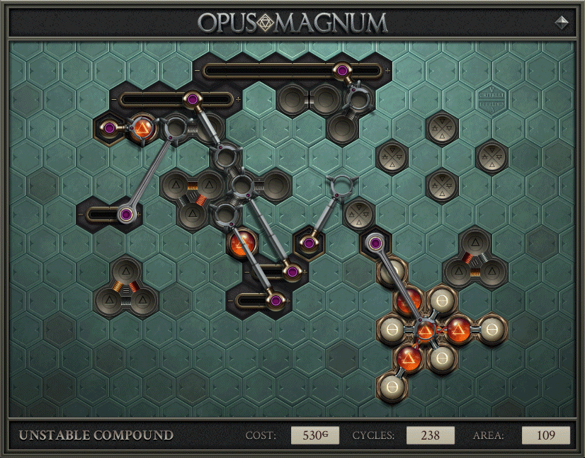 A gif showing the moving puzzle piece elements of the video game Opus Magnum with orange pieces 