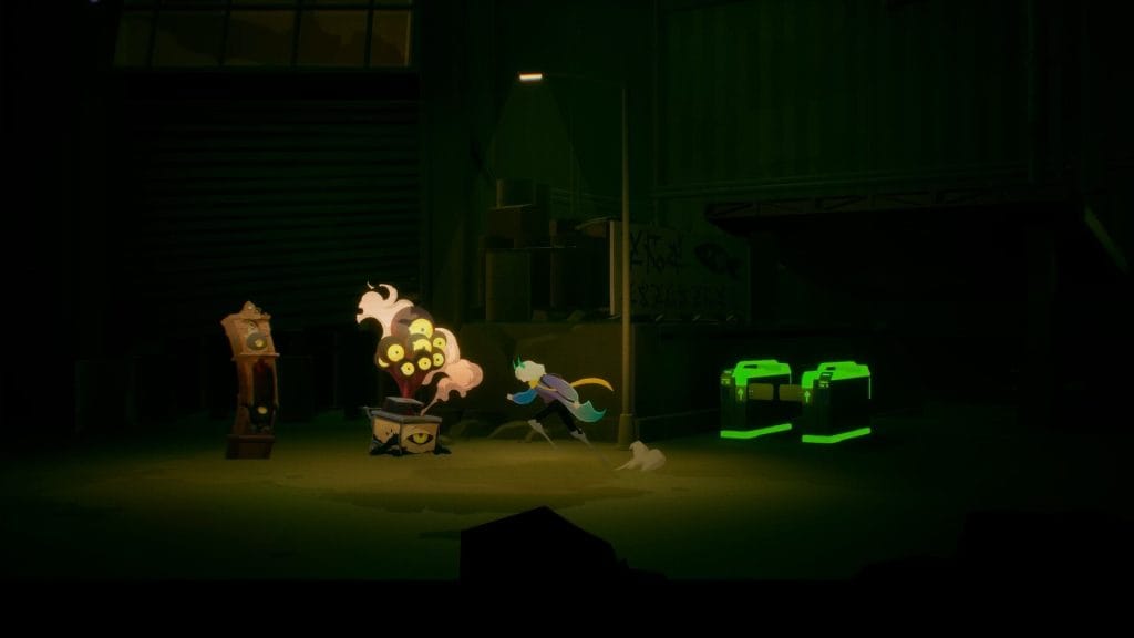 Possessor(s) Review - screenshot of Luca running by a green turnstile toward a sentient grandfather clock