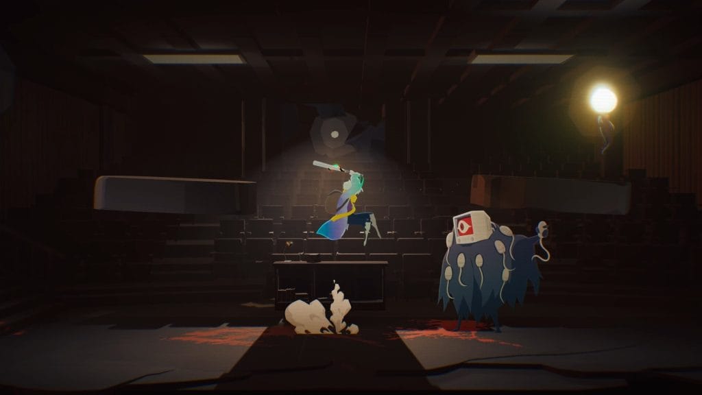 Possessor(s) Review - screenshot of Luca fighting a sentient computer monitor with mice crawling up its body