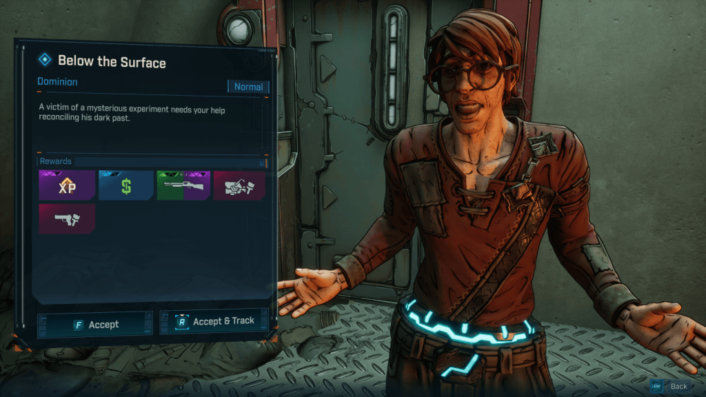 A screenshot from Borderlands 4 showing the quest giver for Below the Surface and potential rewards.