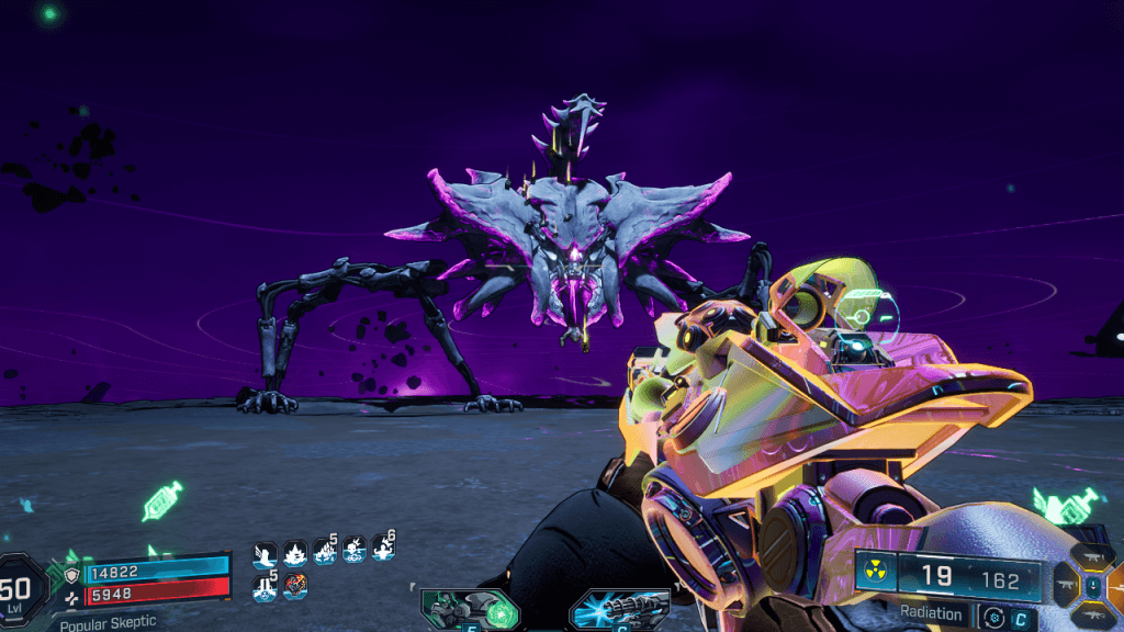 A screenshot from Borderlands 4 showing a gun pointed at a big spider-y looking monster called Lictor