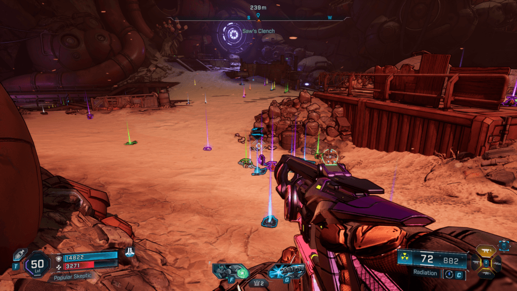 A screenshot of Borderlands 4 showing dozens of colorful items of loot to pick up 