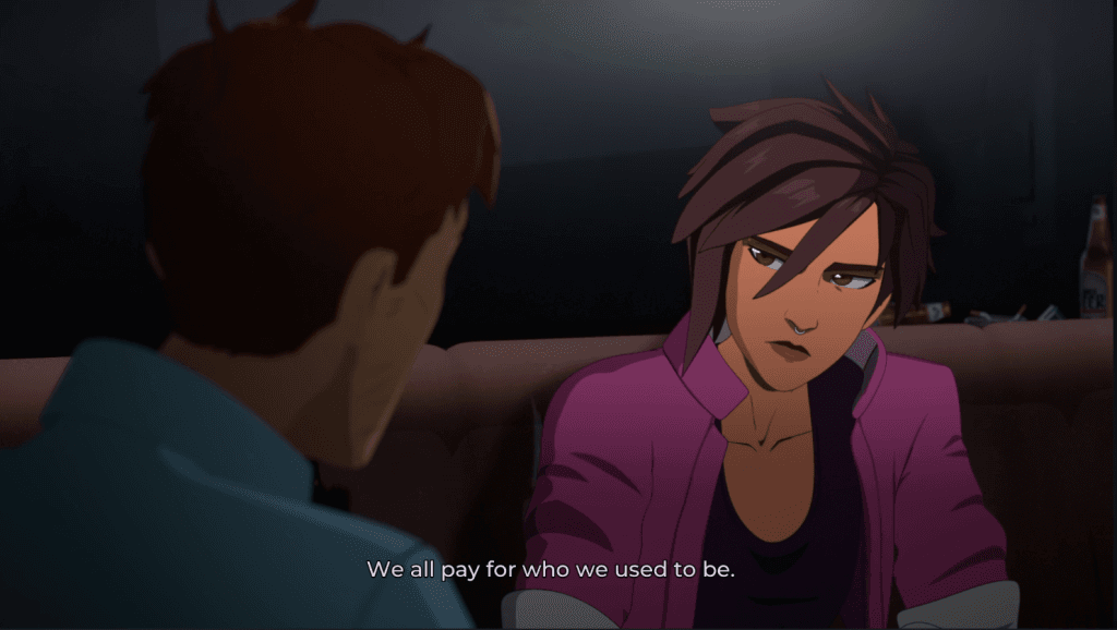 A screenshot from Dispatch with Invisigal saying, "We all pay for who we used to be."