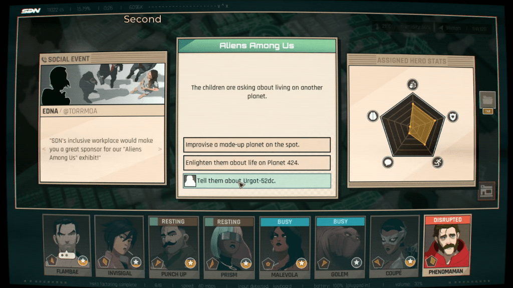 A screenshot from Dispatch showing an example of the Dispatch gameplay of an alien invasion and assigning a superhero to handle it