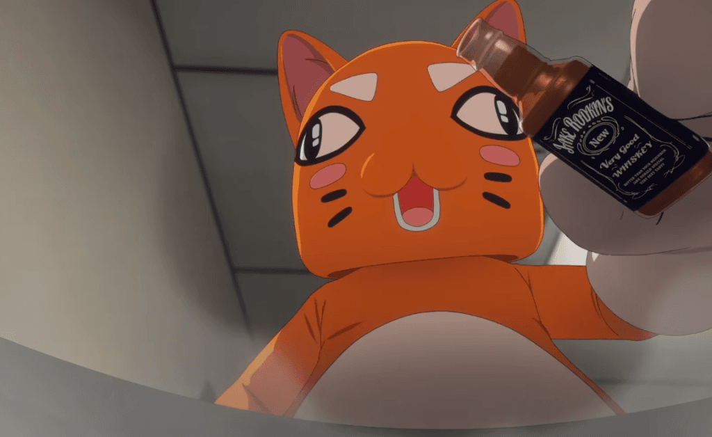 A screenshot from Dispatch showing a person dressed in a giant orange cat costume, holding a bottle of whiskey that looks similar to Jack Daniels, and looking to ominously pour it out.