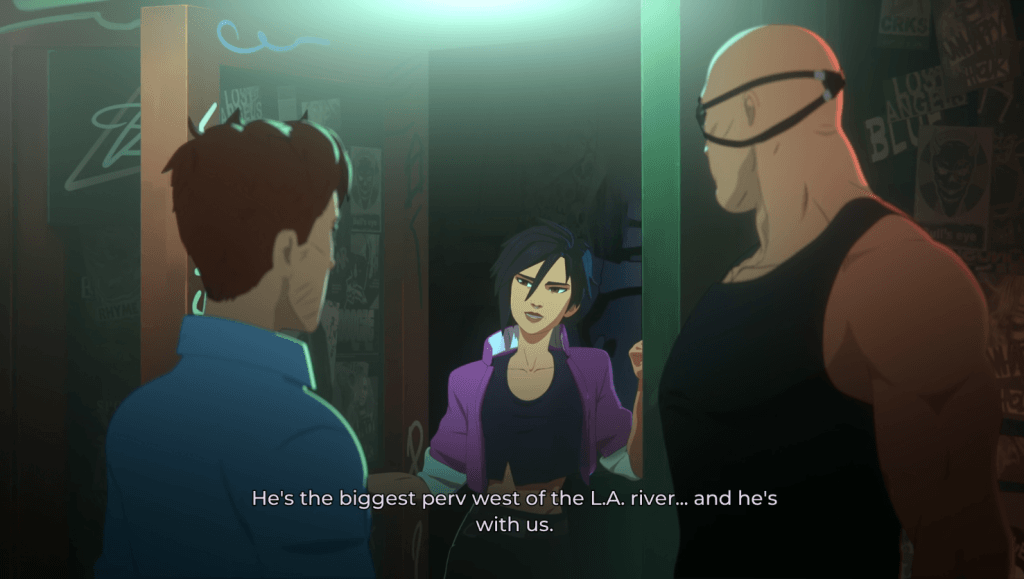 A screenshot from Dispatch showing Invisigal telling Robert and a man with an eye patch, "He's the biggest perv west of the L.A. river... and he's with us."