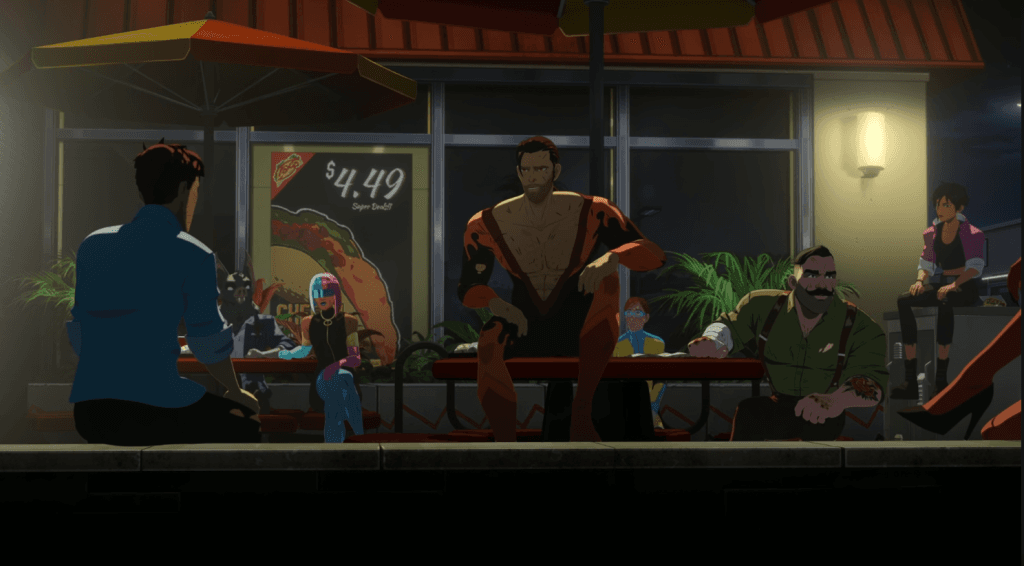 A screenshot from Dispatch showing members of the Z-team hanging out outside of a taco shop