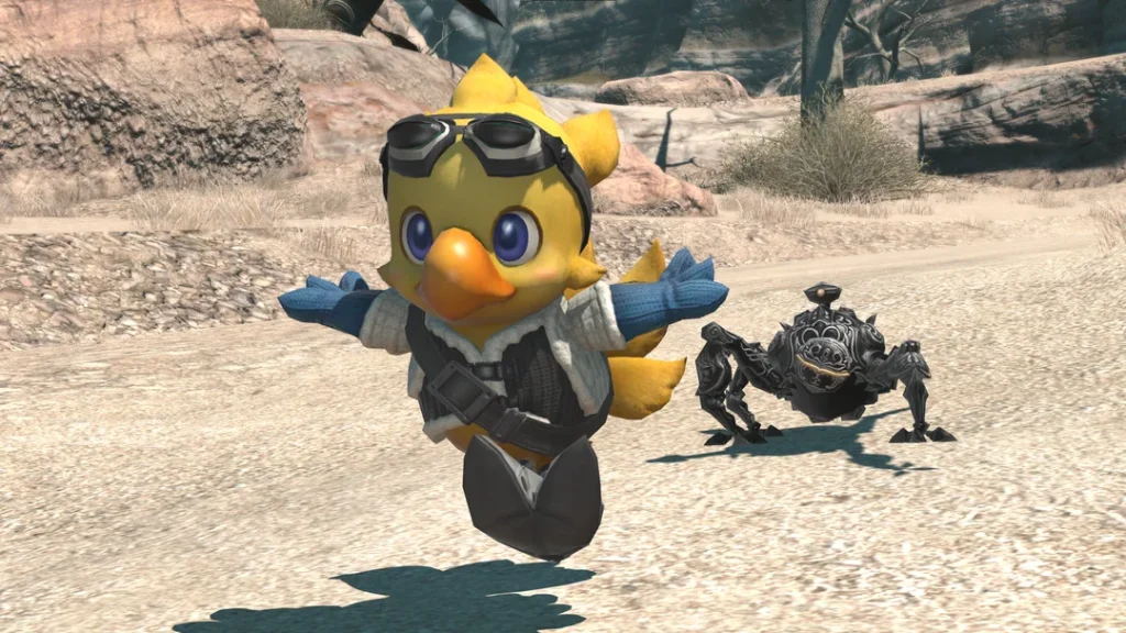 A screenshot of FFXIV online with Alpha, a small chocobo like creature, and Omega, a mini robot creature