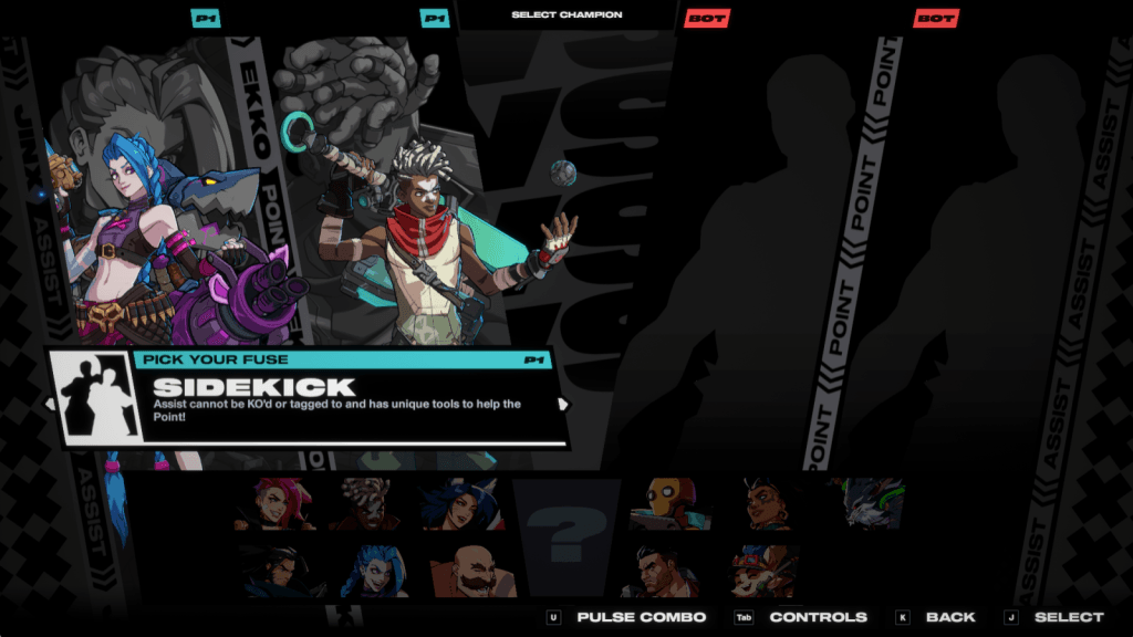 Screenshot of the champion select screen in 2XKO, which reads "Pick Your Fuse: Sidekick"