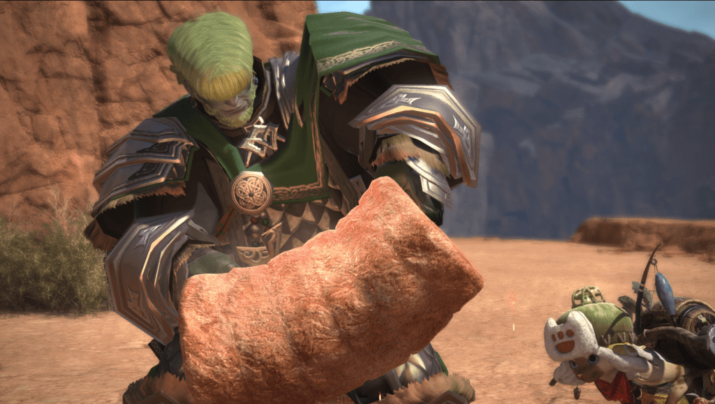 A screenshot of Final Fantasy XIV and the NPC Stanik Alubov, a green man, picking up a rock with another monster nearby.