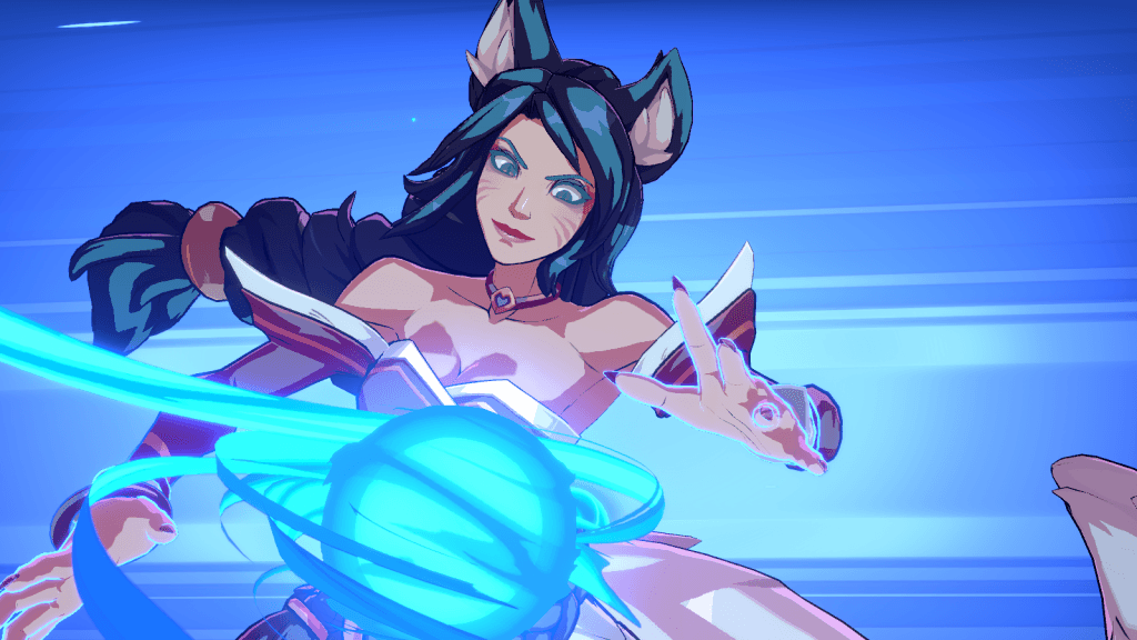 Mid-combo cinematic screenshot of the champion Ahri from 2XKO