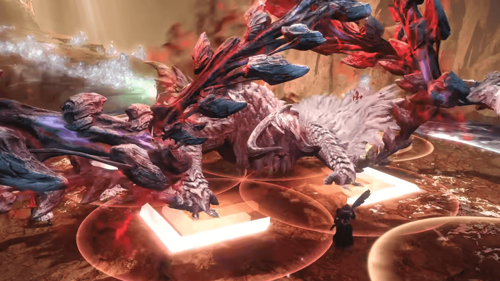 A screenshot of Arkveld in Monster Hunter Wilds, a red dragon like creature, fighting a smaller wizard with arrows in all directions indicating the monster's movement