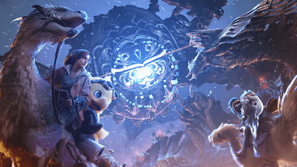 A promotional image of the crossover for FFXIV with Omega, with characters looking on in fear and awe of a giant robot monster