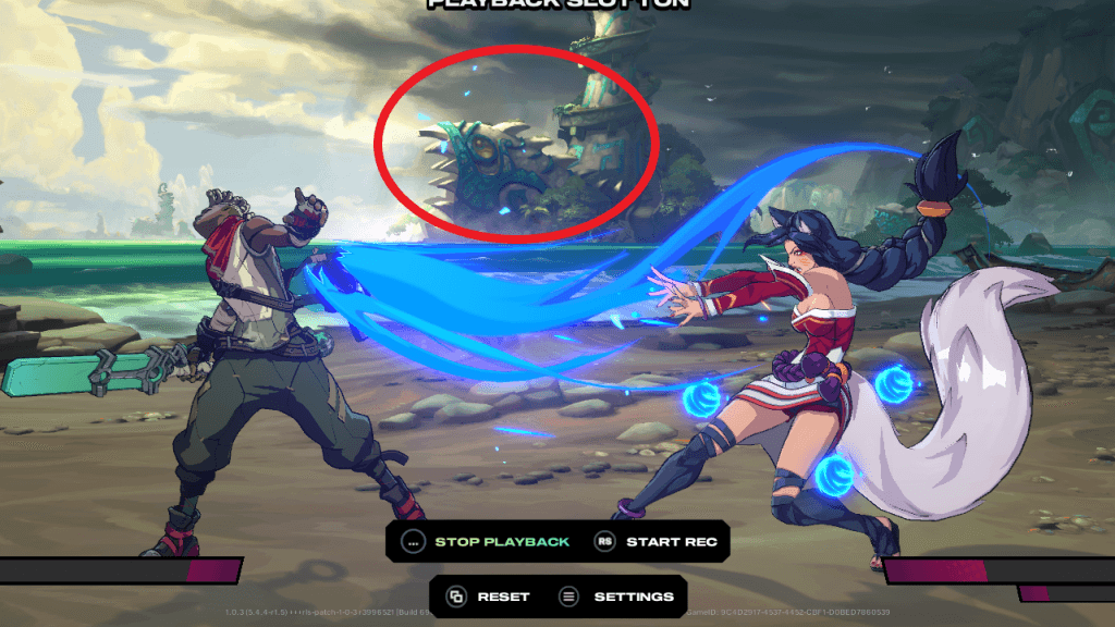 Screenshot of the Sidekick Fuse mechanic as Ahri fights Ekko in 2XKO