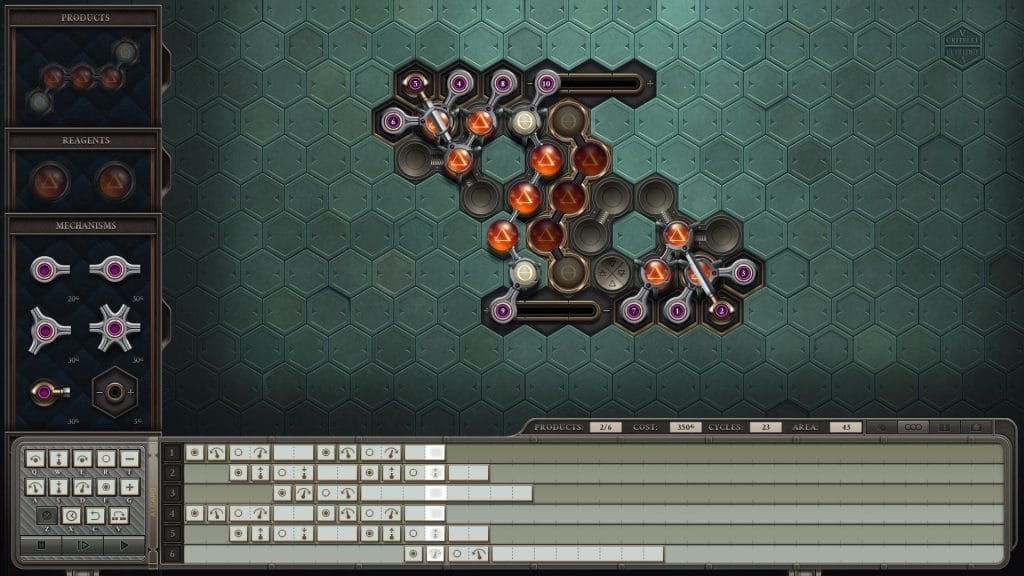 A screenshot of the puzzle game Opus Magnum showing elements outlined to be fitted