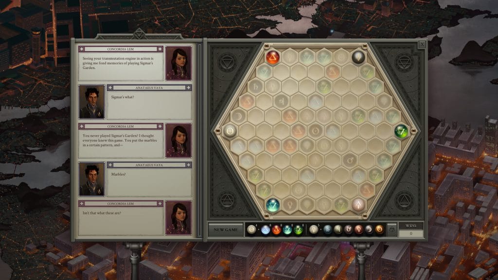 A screenshot of Concordia and Anateus talking in Opus Magnum about the mini-game Sigmar's Garden 