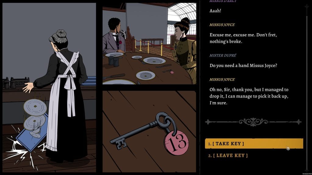 A screenshot of The Séance of Blake Manor, showing a graphic novel style outline of a lunch conversation where a room key can be stolen.