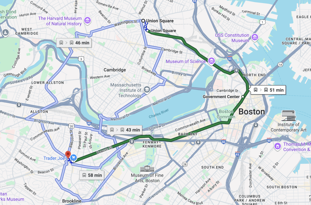 A screenshot of Google Maps showing that to take public transit from Cambridge to Brookline would be at least a 45 minute ride on the T, going through downtown Boston, rather a quick trip across the river