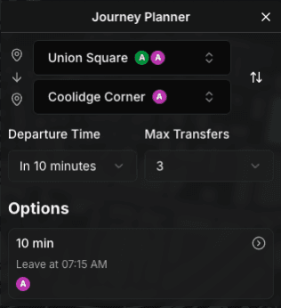 A screenshot of Subway Builder showing an imagined trip from Union Square to Coolidge Corner via Boston's MBTA 