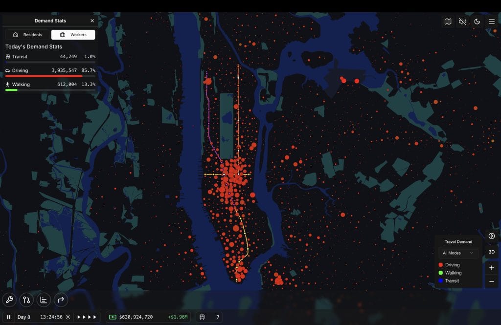 A screenshot of Subway Builder with a Demand Stats feature in New York City, showing with large red circles that most people in the city are driving. 