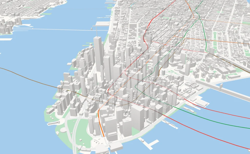 A screenshot of Subway Builder showing a 3D model in light colors of an imagined Manhattan and transit system. 