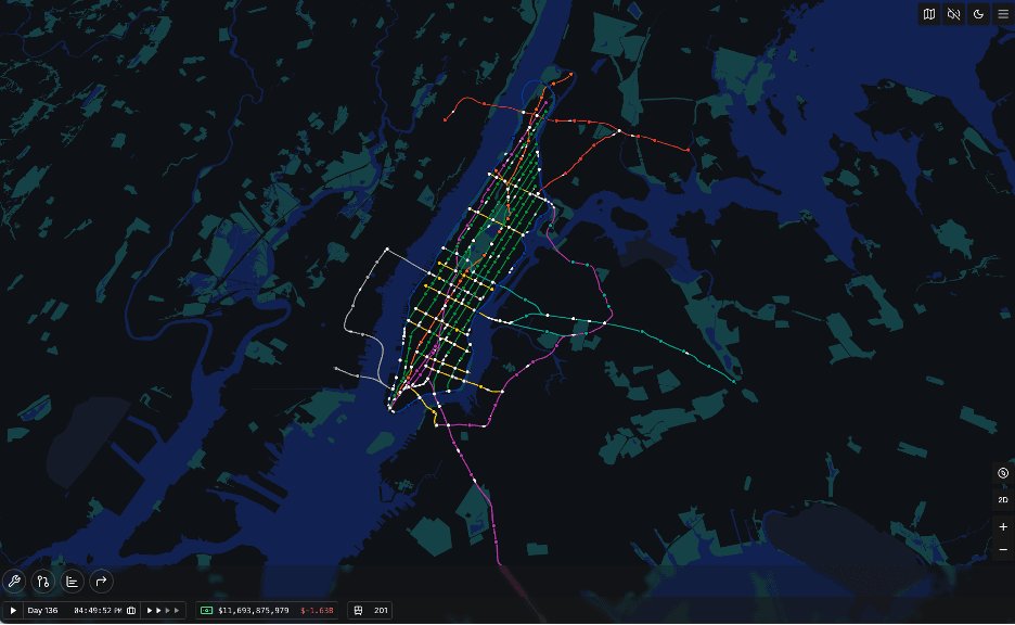 A screenshot of Subway Builder showing a redesigned transit map of Manhattan 