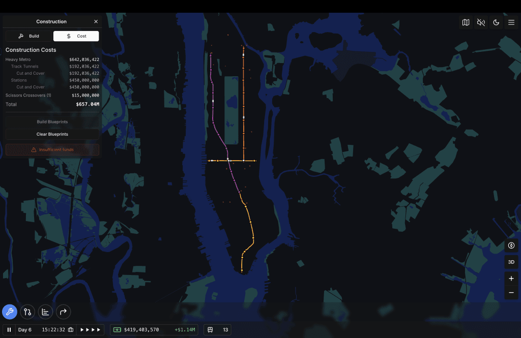 A screenshot from Subway Builder showing construction costs for building various train lines through Manhattan in New York City