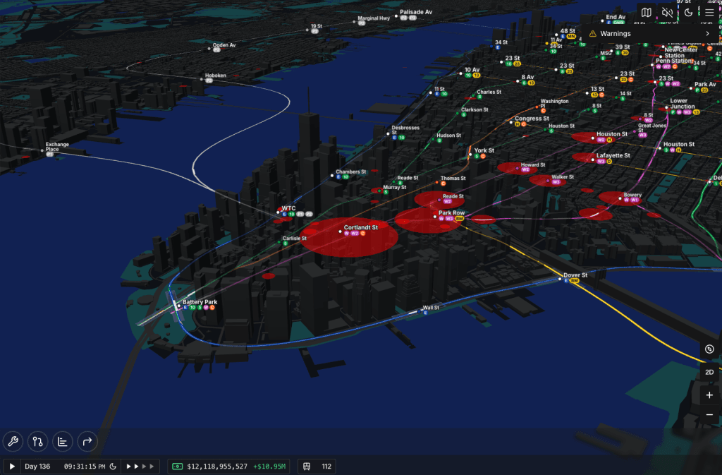 A screenshot from Subway Builder showing a 3D map of a new New York transit system at the bottom of Manhattan