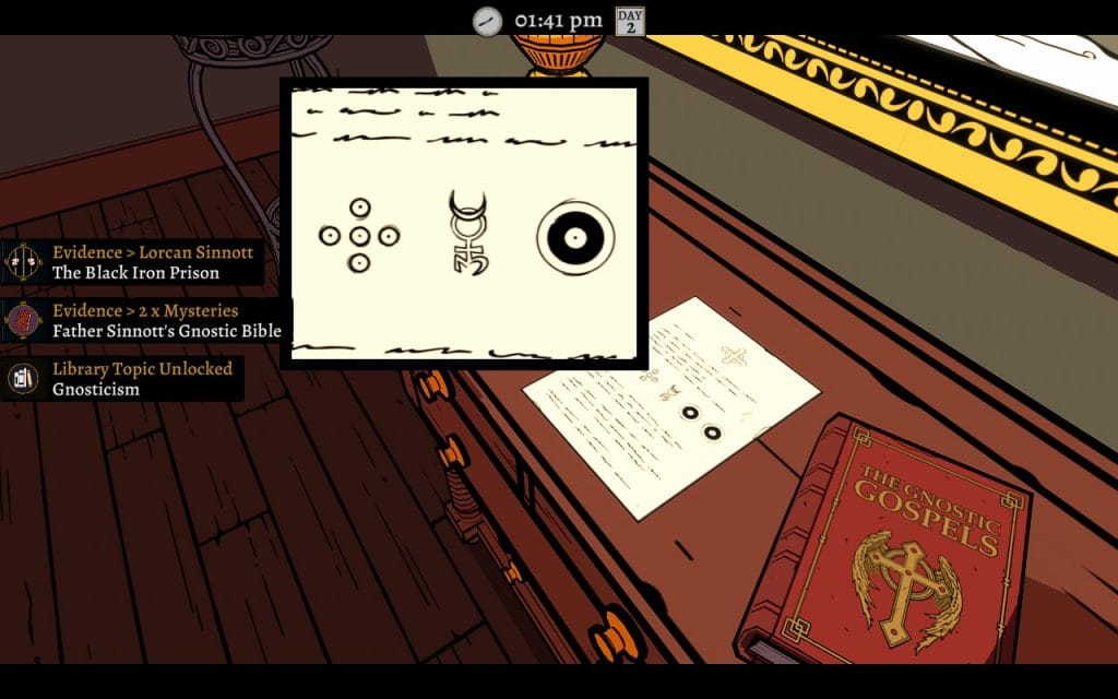 A screenshot of The Séance of Blake Manor showing a discovered clue with strange symbols and a Gnostic Bible