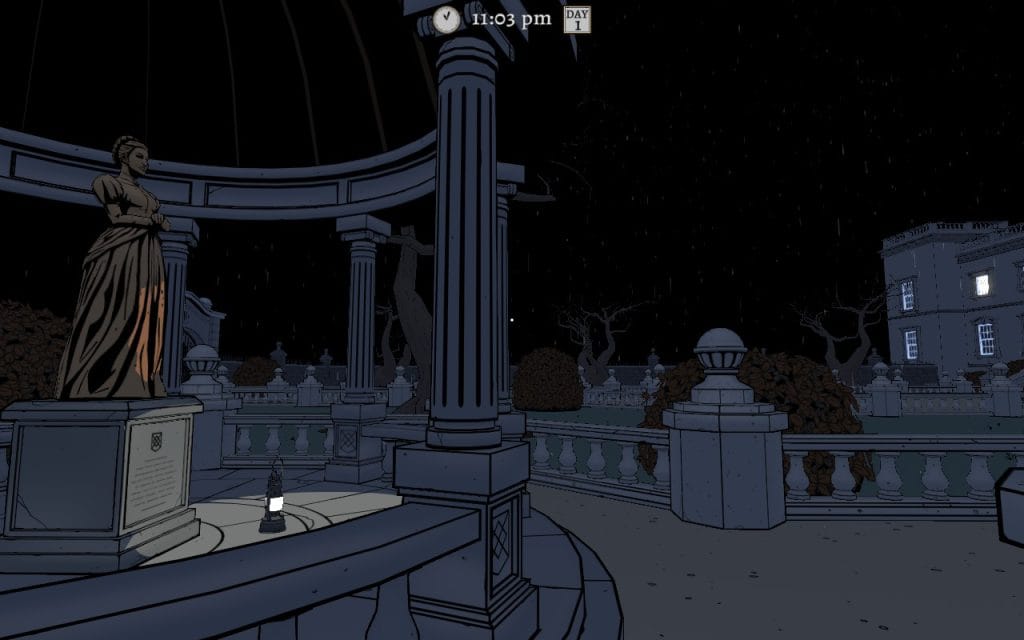 A screenshot of The Séance of Blake Manor showing the outside of the manor with a strange statue