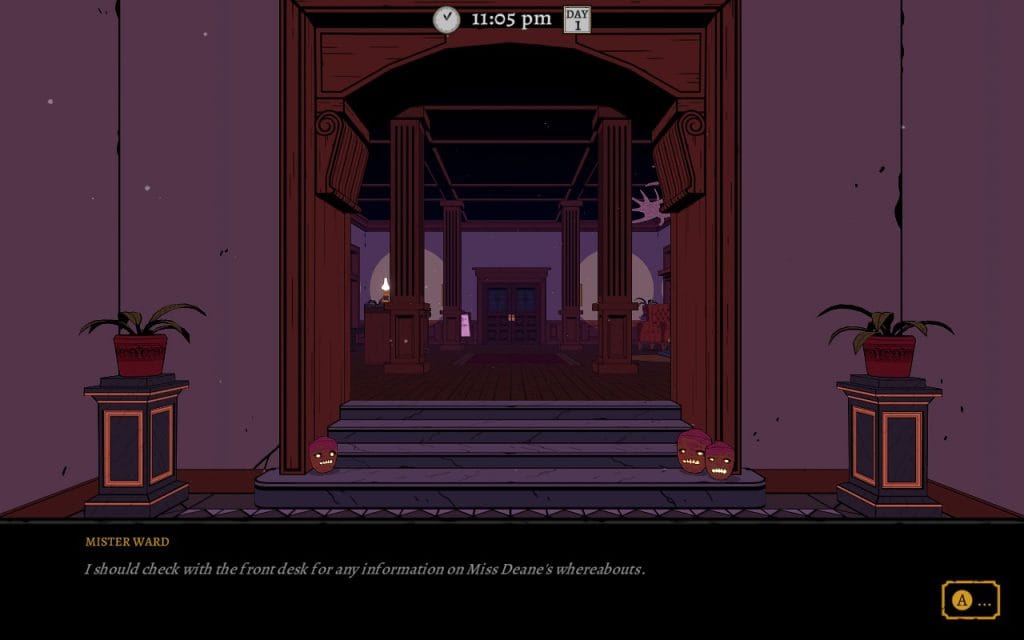 A screenshot of The Séance of Blake Manor showing the entryway which is a haunted-looking, dimly lit historic manor