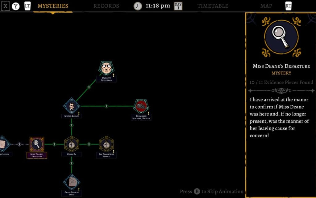 A screenshot of The Séance of Blake Manor showing the mind map of mysteries of exploring Miss Deane's departure.
