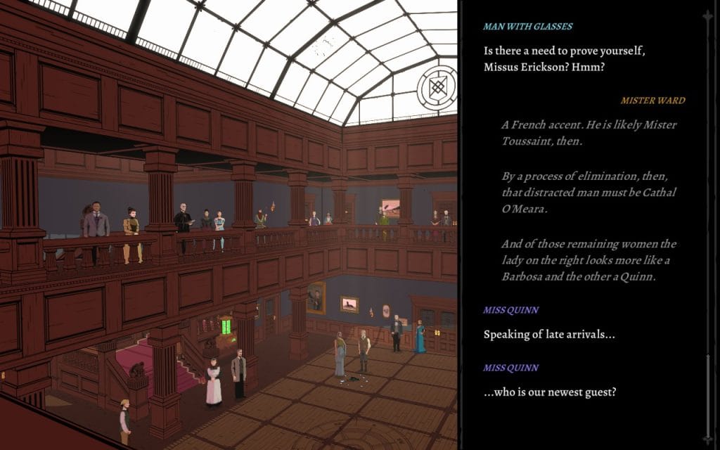 A screenshot of The Séance of Blake Manor showing an atrium in a big mansion filled with guests, and a conversation happening on the right panel where Mister Ward analyzes the guests.