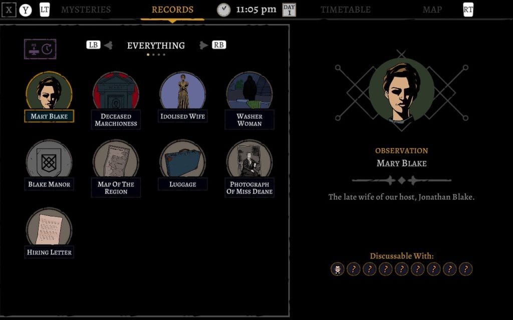 A screenshot of The Séance of Blake Manor showing gathered clues, including an observation that Mary Blake has passed away