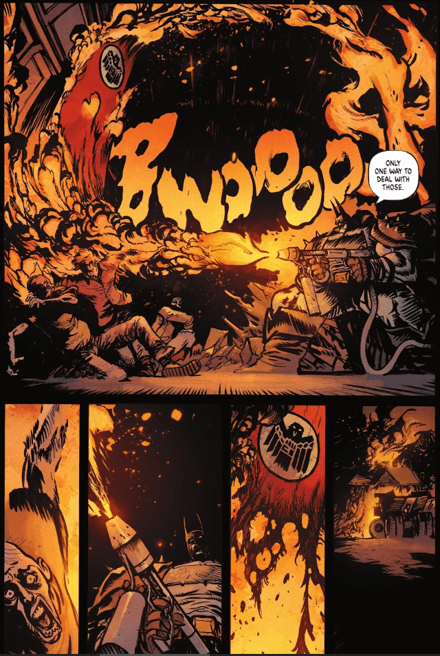 A screenshot of the Absolute Batman comic series showing Batman fighting neo-Nazis witha flamethrower