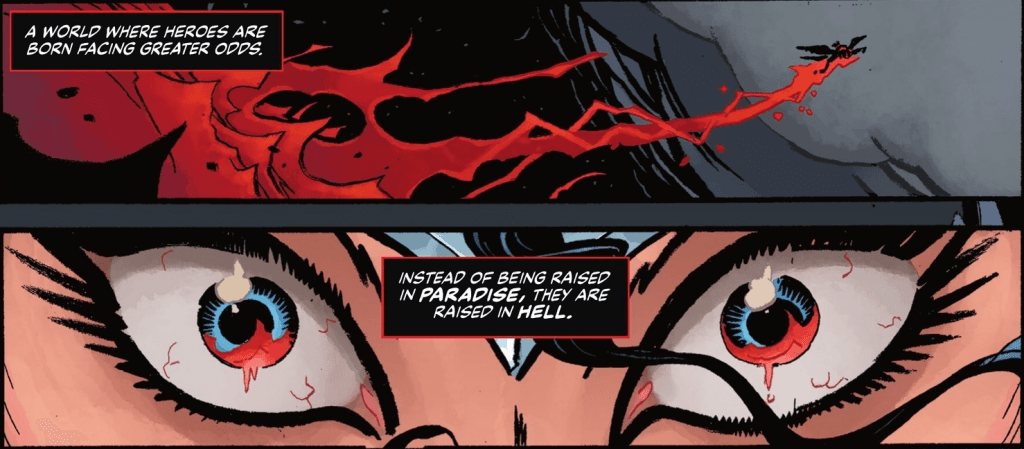 A screenshot from DC All-In Special reading: "A world where heroes are born facing greater odds."