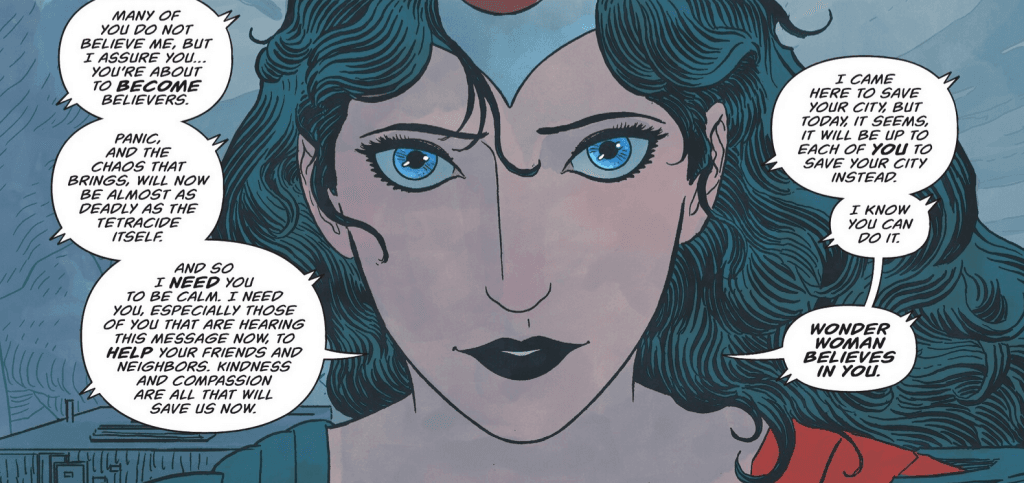 A screenshot from Absolute Wonder Woman comic where she says: "I came here to save your city, but today, it seems it will be up to each of you to save your city instead."