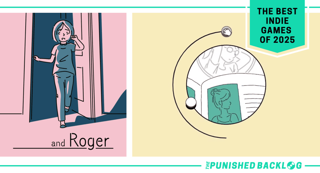 A graphic showing the cover art and gameplay screenshot of and Roger showing a puzzle of doing a hairdo, along with text that reads "The Best Indie Games of 2025" with The Punished Backlog logo in the corner.