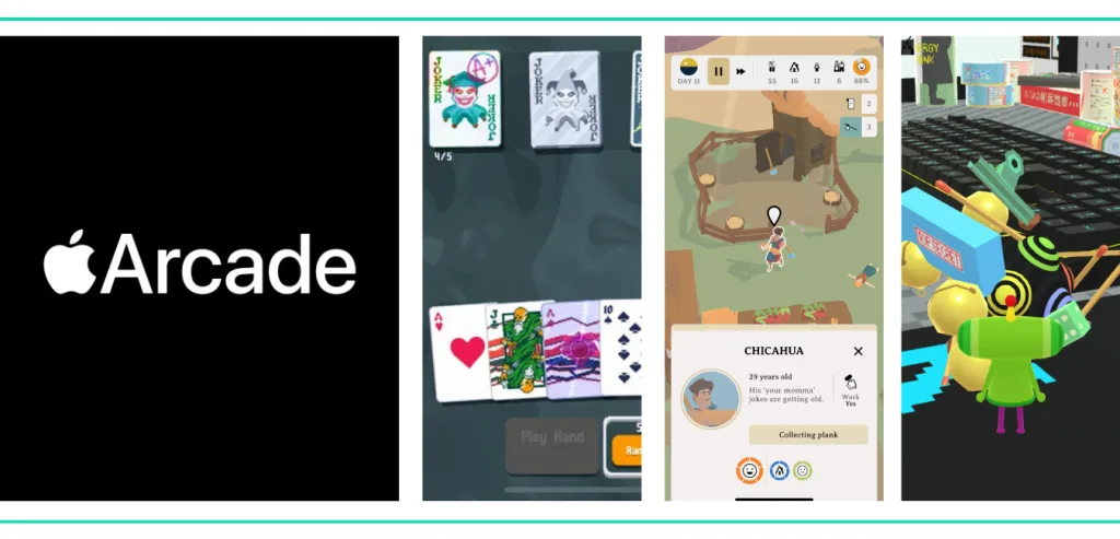A graphic showing the cover art for Apple Arcade and screenshots of 3 games: Balatro+, Outlanders, and Katamari Damacy Rolling on a list of the Best Video Games for Girls and Women