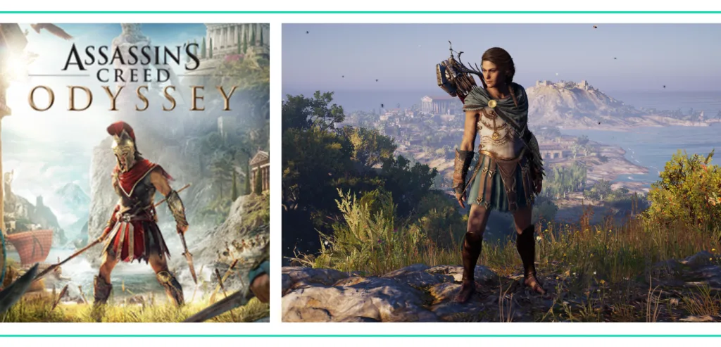 A graphic showing the cover art for Assassin’s Creed Odyssey with a warrior in armor, and a woman standing in armor in Greece, on a list of the Best Video Games for Girls and Women