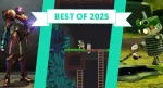 A combo image showing with the text "Best of 2025" showing Metroid Prime 4 Beyond, Gigasword, and Misc A Tiny Robot Tale