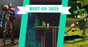 A combo image showing with the text "Best of 2025" showing Metroid Prime 4 Beyond, Gigasword, and Misc A Tiny Robot Tale