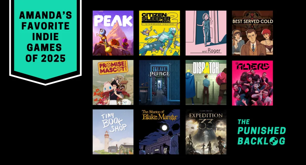 A graphic with teal text on a black background saying "Amanda's Favorite Indie Games of 2025" and showing the cover art for 11 best indie video games of 2025