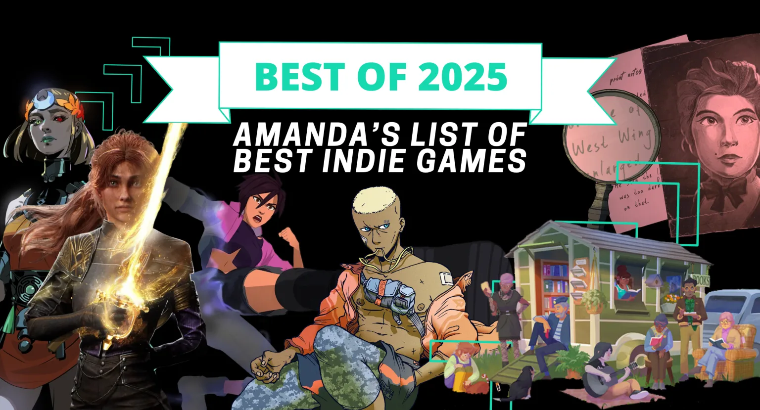 A list of the best indie video games of 2025, as featured in a graphic with characters from Hades II, Clair Obscur: Expedition 33, Dispatch, Citizen Sleeper 2, Tiny Bookshop, and Blue Prince