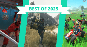 A graphic with the text "Best of 2025" showing screenshots from Deadpool VR, Death Stranding 2, and Mario Kart World