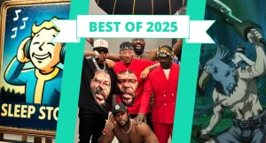 A combination image with text that reads "Best of 2025" and shows a screenshot of Fallout ASMR Good Knights Sleep, a photo of Westside Gunn with Fourth Rope, and Shangri-La Frontier anime
