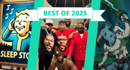 A combination image with text that reads "Best of 2025" and shows a screenshot of Fallout ASMR Good Knights Sleep, a photo of Westside Gunn with Fourth Rope, and Shangri-La Frontier anime